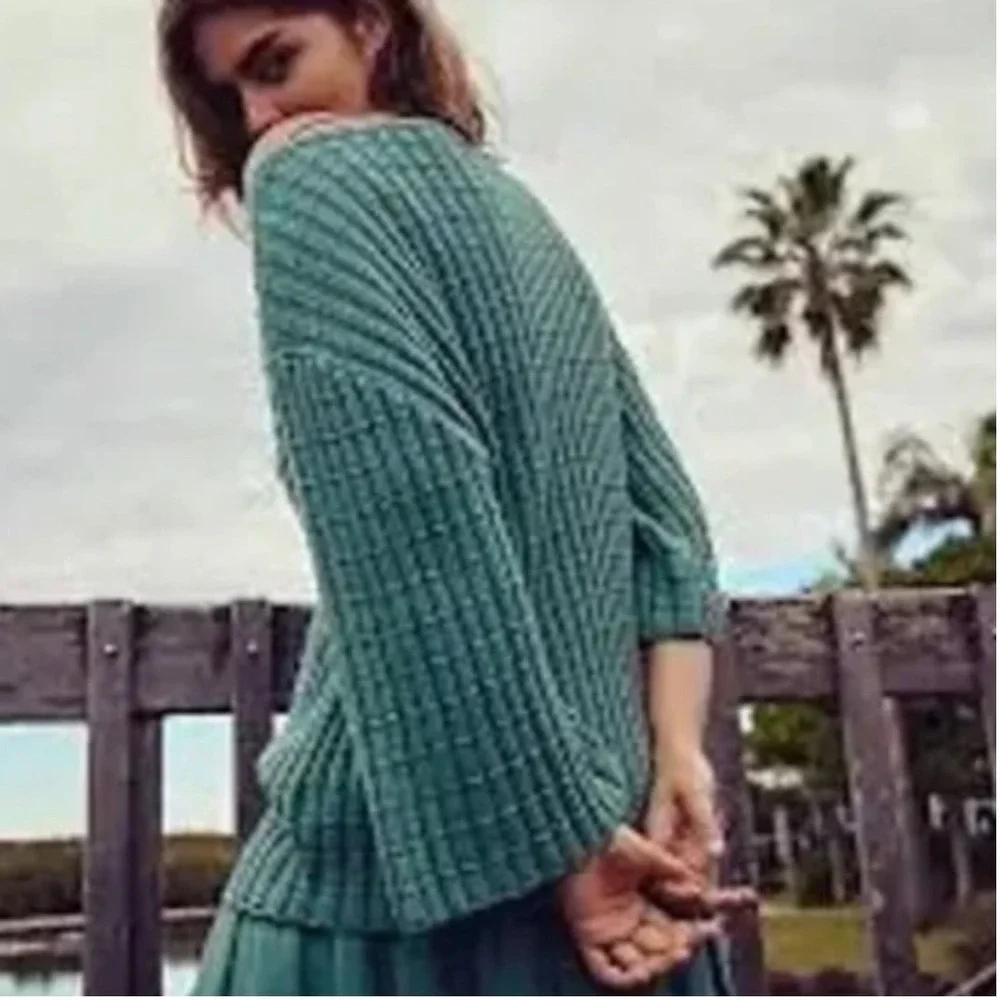 Free People FP Beach Kenzie Sweater Frosty Spruce Green Ribbed Knit Size M‎